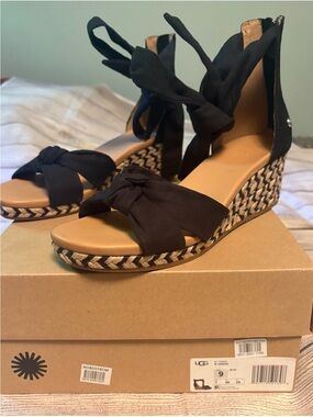 UGG Black and Tan Espadrille Wedge Sandals with Ankle Tie